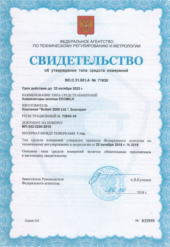 Сертификат Анализаторы молока Ekomilk